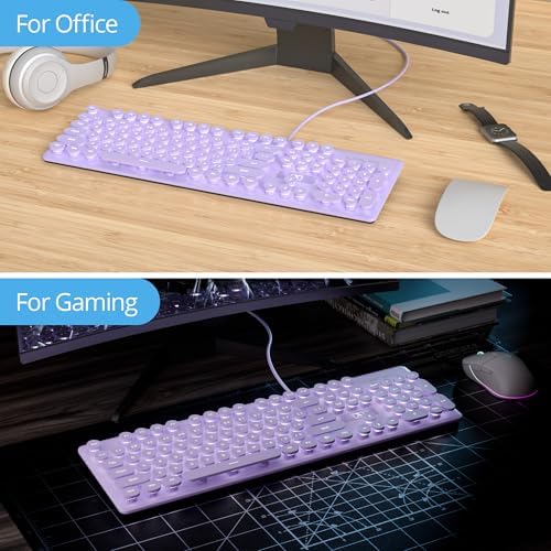 Vibrant Purple Ergonomic Wired Membrane Keyboard – Full-Size 104 Keys with Round Typewriter Keycaps, White LED Backlighting, and Ultra-Quiet Performance for Enhanced Productivity in Any Workspace