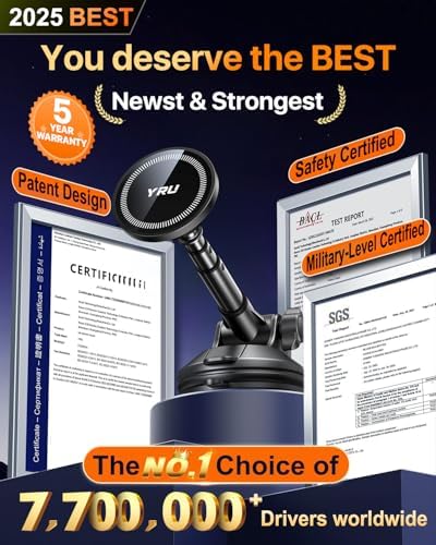 YRU 2025 Magnetic Phone Holder for Car – Superior Patented Magnet Technology for Seamless Dashboard or Windshield Mounting | Mag Safe Compatible | Sleek Black Design Perfect for i Phone 12-16 Pro Max & Samsung | Effortless Installation for Hands-Free Navigation & Calls | Built to Last for Everyday Use