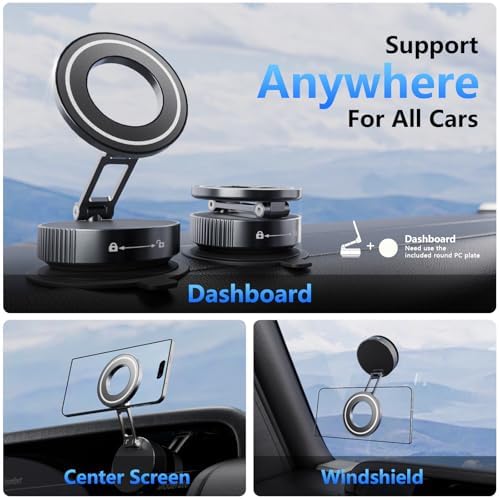 Vacuum Suction Cup Phone Mount, 360° Adjustable Magnetic Phone Holder for Car – [89+lbs Strongest Suction & 2800gf Magnetic] Swivel Lock for Car/Gym/Mirror/Shower – Enhanced Compatibility and Speed