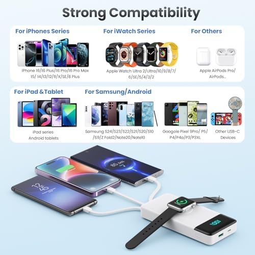 High-Capacity 10800 m Ah Portable Power Bank with Integrated Charging Cables & Wireless Apple Watch Dock – 25 W Quick Charge Solution for i Phone 16/15/14/13/12 & Android Devices – Sleek Pink Design for Effortless Travel – Enhanced Safety Features for Optimal Device Protection