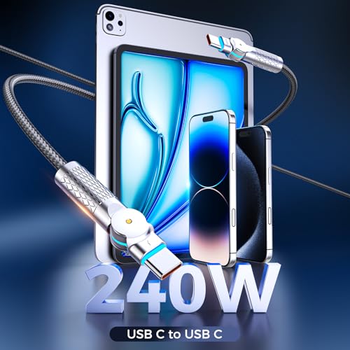 Elevate Your Charging Experience: 6.6 ft USB C to USB C Cable 2-Pack with 240 W Power Delivery and 180° Rotating Connector – Durable Braided Design for Fast Charging i Phone 16, Mac Book Air, i Pad Pro, Pixel, and Samsung Galaxy S23/S24 in Sleek Light Grey – Ultimate Compatibility and Functionality