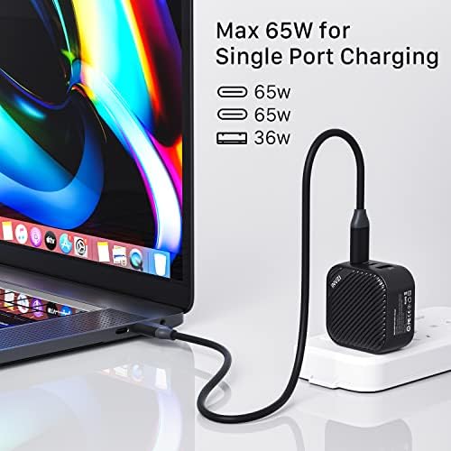 INVZI Ga NHub 65 W USB-C Fast Charger: Triple-Port Wall Charger with PPS Technology for Mac Book Pro/Air, i Phone 15/16 Pro Max, Galaxy S23/S24, and More – Compact, Foldable Design for Ultimate Portability and Rapid Charging Performance
