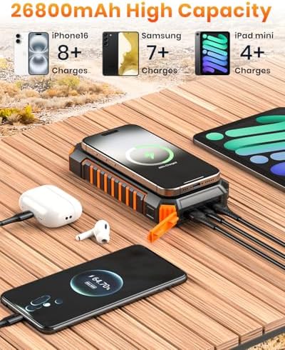 26800 m Ah Riapow Solar Power Bank – High-Capacity Wireless Portable Charger with USB C PD & QC3.0 Fast Charging – 4 Output Ports for Simultaneous Device Charging – Dual Flashlights for Camping & Emergency Use – Ultimate Outdoor Power Solution