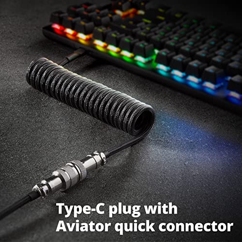 GUNMJO Pro Custom Coiled USB C Cable for Gaming Keyboards – Premium Double-Sleeved Mechanical Keyboard Accessory with Detachable Metal Aviator, 1.5 m USB-C to USB-A in Sleek Carbon Black – Ultimate Speed, Durability, and Aesthetic Upgrade for Gamers