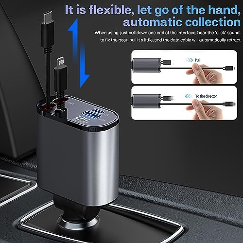Ultimate 100 W Retractable Car Charger – 4 in 1 Fast Charging Solution for i Phone, Type C, and Android Devices – Dual Ports for Multi-Device Compatibility – Tangle-Free 31.5 Inch Cables – Ideal for i Phone 15/14/13/12 Pro Max, i Pad, Samsung, Pixel – Essential Travel Accessory for Efficient Power On-the-Go
