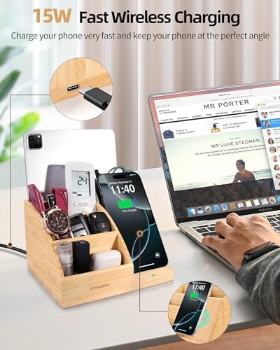 3-in-1 Bamboo Wireless Charger with Desk Organizer, Bamboo Pen Holder for Desk, 15W Fast Wireless Charger with Pen Holder for Home Office Supplies, Compatible with iPhone and Samsung – Enhanced Compatibility and Speed