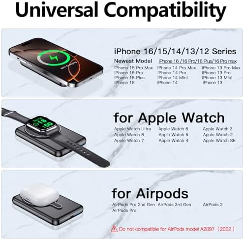Kurdene Ultra Slim 3-in-1 Wireless Portable Charger – 5000 m Ah Magnetic Power Bank for Fast Charging i Phone 16/15/14/13/12, Apple Watch & Air Pods – Sleek Black Design for Ultimate Portability and Efficiency