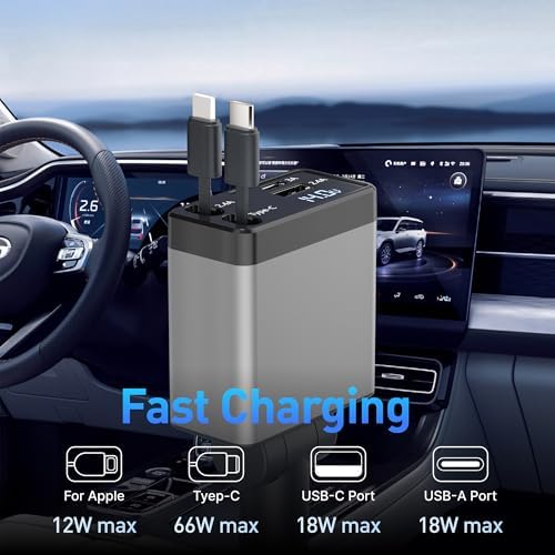 High-Performance 120 W Retractable Car Charger Adapter – Fast Charging Solution with 2.6 ft Cables, 180° Adjustable Design, and Real-Time Voltage Display for Ultimate Device Compatibility and Convenience