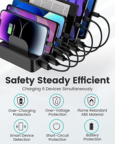 Ultimate 50 W Multi-Device Charging Station with 6 USB Ports & Cables – Space Gray Fast Charging Dock for i Phone, i Pad, Kindle, and More | Efficient Power Hub for Home, Office & Travel – Compact Design with Safety Features