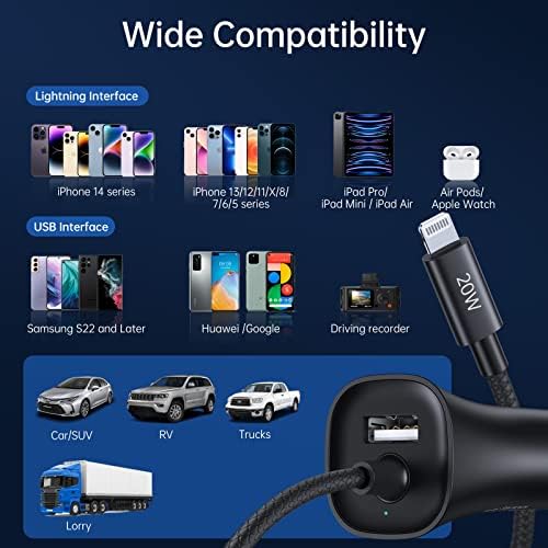 Rapid Charge Your Apple Devices with Syncwire MFi Certified 32 W Car Charger featuring Built-in 5 FT Coiled Lightning Cable – Ultimate Fast Charging Solution for i Phone 14/13/12/11/XR/Max and i Pad – Compact and Travel-Ready USB Adapter for Hassle-Free Power On-The-Go