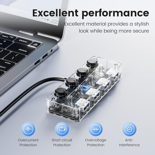 Revolutionize Your Connectivity with the Qeefun 4-Port USB 3.0 Hub – High-Speed 5 Gbps Data Transfer, Individual LED Power Switches, and 2 ft Extension Cable for Ultimate Flexibility – Perfect USB Splitter for Laptops, PCs, i Macs, and More! Enhance Your Workspace Efficiency and Control Multiple Devices Effortlessly!