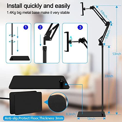 Versatile Tablet Floor Stand – Adjustable 360-Degree Rotatable Holder for i Pads, i Phones & 12.9-Inch Devices – Sturdy Metal Design with Non-Slip Base for Enhanced Stability – Ideal for Home, Office & Streaming