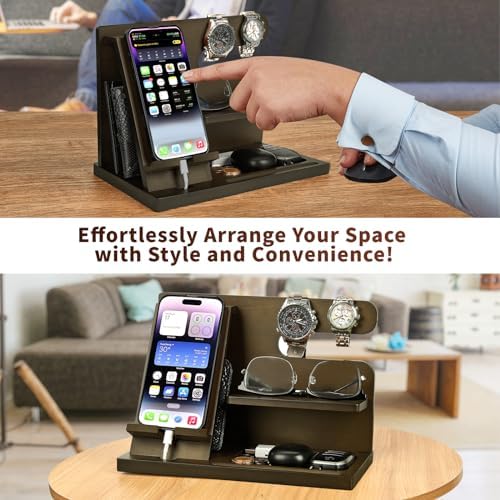 Wood Phone Docking Station Key Holder Stand Watch Organizer Men Gift Husband Wife Anniversary Dad Birthday Nightstand Purse Father Graduation Male Travel Idea Gadgets – Enhanced Compatibility and Speed