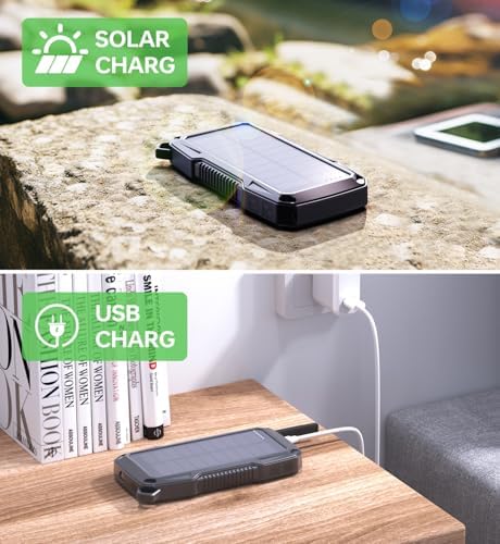 ABFOCE 10000 m Ah Solar Power Bank – 22.5 W Fast Charger with Wireless Charging, Sensor Alarm & LED Flashlight – Ultimate Outdoor Charging Solution for i Phone, Samsung, and More – Eco-Friendly Solar Panel Power Bank for Camping & Hiking Adventures