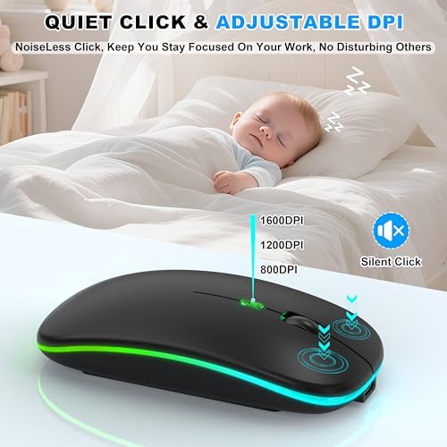 Sleek LED Bluetooth Wireless Mouse for Mac & PC – Rechargeable, RGB Light-Up Design with Dual Connectivity (BT5.2 + 2.4 G USB) – Slim, Portable Mouse with Jiggler Function for Work & Play – Enhanced Performance & Style in White