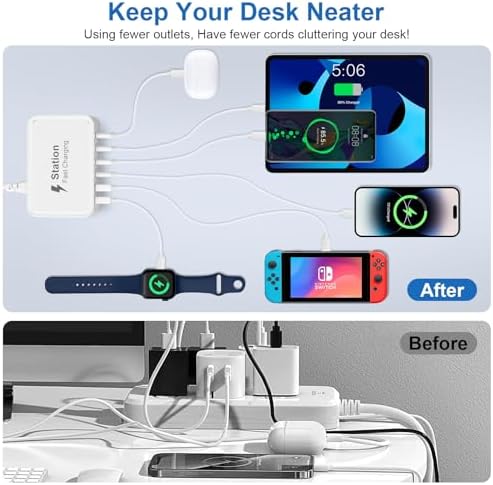 High-Power 100 W USB-C Fast Charging Hub with 6 Ports & 5 ft Cord – Advanced Ga N Technology for Rapid Multi-Device Charging, Compatible with i Phone 16/15/14/13/12 Pro Max, i Pad, Samsung Galaxy, and Google Pixel – Ideal Travel Charger for Efficient Power Management