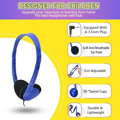 Classroom-Ready Wired Headphones – 25 Pack Durable On-Ear Audio Solution for Students, Comfortable Fit for Enhanced Learning, Ideal for Group Activities and Educational Use