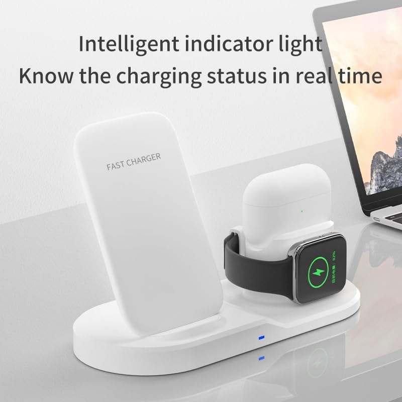 All-in-One 3 in 1 Wireless Charging Station for i Phone 11-16, Apple Watch, and Air Pods – Fast QC3.0 Adapter Included, Sleek Design for Tidy Charging Solution, Enhanced Device Compatibility and Safety Features
