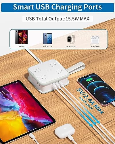 Maximize Connectivity with NTONPOWER 8-Outlet Flat Extension Cord & 3 USB Ports – 6 FT Wall-Mounted Power Strip for Home, Office, and Dorm Use – Space-Saving Design with Surge Protection and High-Speed Charging for All Your Devices