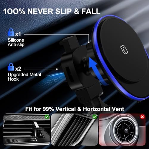 15 W Magnetic Car Wireless Charger: Fast Charging Mount for Samsung Galaxy S25 Series & i Phone 16 Models – 360° Rotating Air Vent Holder for Secure On-the-Go Convenience and Enhanced Compatibility