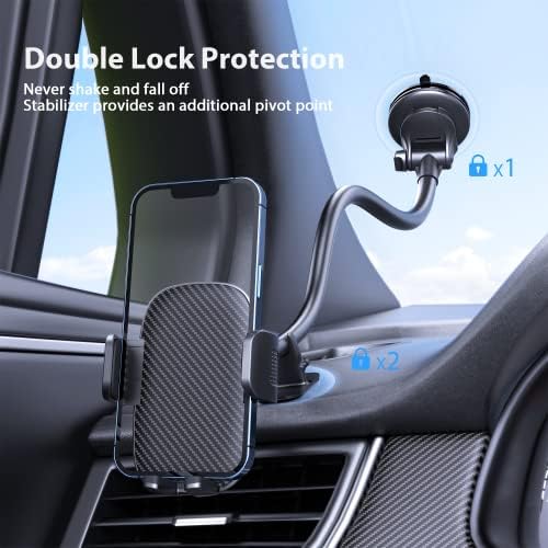 Qifutan Premium Anti-Shake Car Phone Holder with Long Arm Design – Universal Dashboard & Windshield Mount for All Smartphones, Enhanced Stability & Safety for Hands-Free Driving, Black
