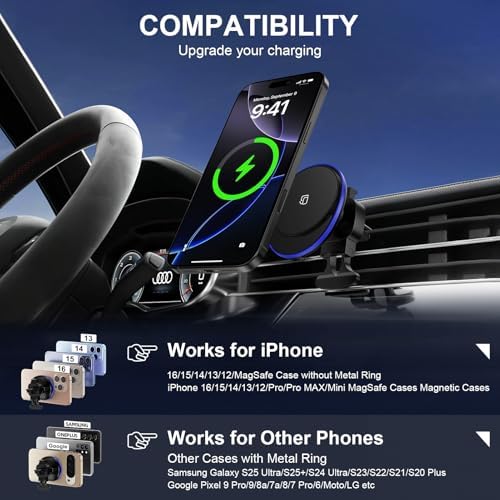 Revolutionary Magnetic Wireless Car Charger Mount for Samsung Galaxy S25 Ultra & i Phone 16 Series – 15 W Fast Charging Air Vent Holder with Enhanced Compatibility & One-Hand Operation for Effortless Navigation and Communication