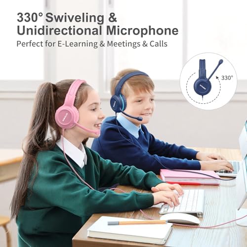 Stylish Pink Kids’ Headphones with Noise-Canceling Boom Mic – Simolio Wired On-Ear Stereo Headset for School, Gaming & Learning – Comfortable, Safe Volume Control & Durable Design for Girls, Teens & Students