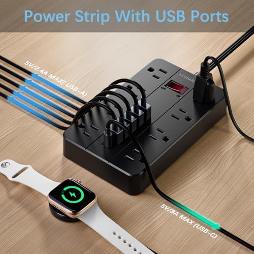 HUNIAN 5 Ft Flat Plug Power Strip with 8 Outlets and 6 USB Ports, Including USB-C Charger – Ultimate Surge Protector for Efficient Home and Office Charging Solutions, Compact Design for Desk and Travel Use, Black