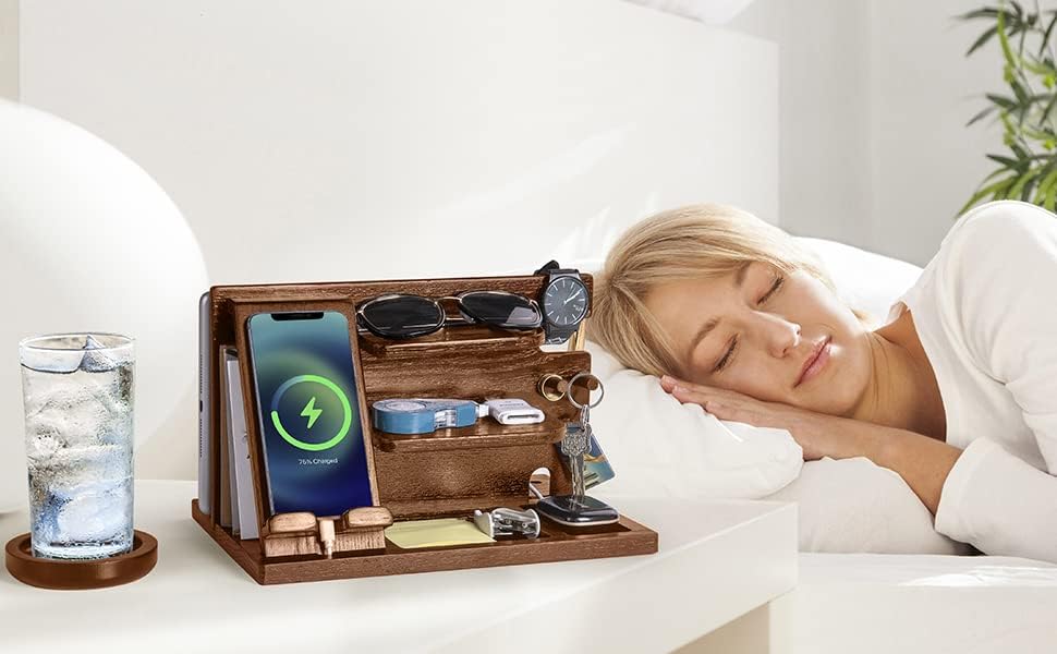 Black Wood Phone Docking Station with Drawer, Compatible with Apple Watch – Wood Charging Station Organizer Stand, Bedside Nightstand Organizer for Men, Holds, Tablet, Glasses, Keys, EDC – Enhanced Compatibility and Speed