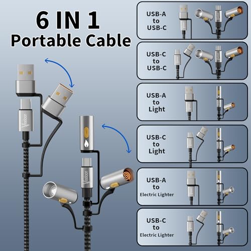 6 in 1 USB C Cable,60W Fast Charging Cable 4 FT,C to USB A/C Braided Multi-Function Charger Power Cord with LED Flashlight and Electric Lighter,for Charging/Outdoor/Travel Use – Enhanced Compatibility and Speed