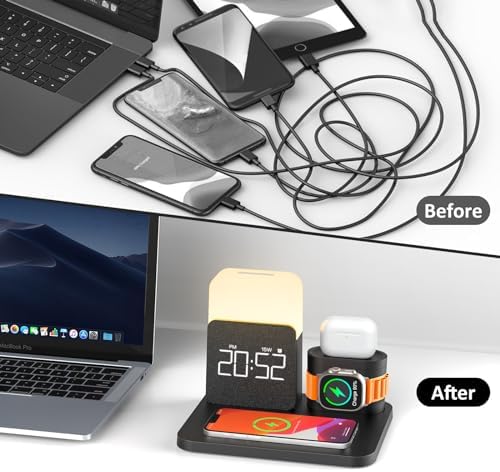 Multifunctional 3-in-1 Charging Station with Alarm Clock and Night Light for i Phone 15, 14, 13, 12, 11, Pro Max & Apple Watch – Space-Saving Wireless Charger Dock for Air Pods – Enhanced Fast Charging and Sleek Design for Home and Office
