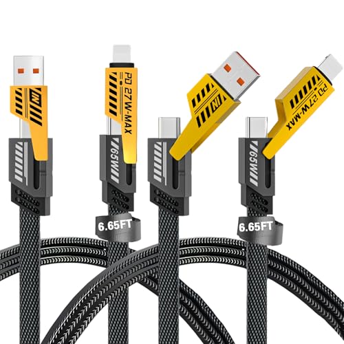 Ultimate 4-in-1 Fast Charging Cable Duo – Dual Pack USB C, USB A & i Phone Compatible Charger with 65 W Power Delivery, Durable Braided Design & Extra-Long 6.65 ft Length for Effortless Multi-Device Charging