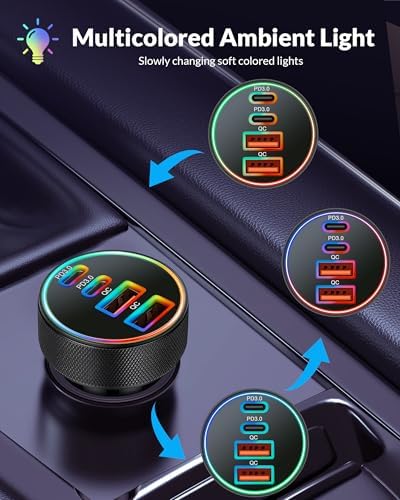 High-Power 4-Port USB C Car Charger – 90 W Fast Charging Adapter with Dual USB-C & USB-A Ports for i Phone 11-16, i Pad, Samsung, and Android Devices – Compact Cigarette Lighter Adapter with Enhanced Safety Features and Multi-Device Compatibility for Road Trips and Daily Commutes