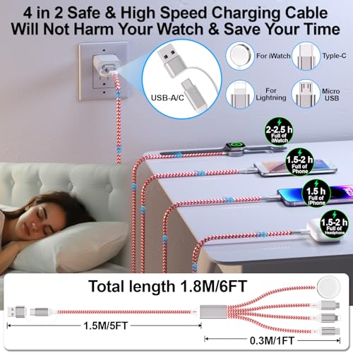 Ultimate 6 FT Multi-Device Charging Cable: Fast Nylon-Braided i Watch and Smartphone Charger Compatible with i Phone, i Pad, Galaxy, and More – Durable, Tangle-Free Solution for Ultra, SE, and All i Watch Models – Streamline Your Charging with Versatile 4-in-2 Connectivity