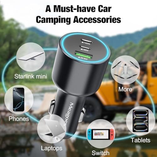 Power Up on the Road: 140 W USB C Car Charger with PD3.1 & PPS Technology for Super Fast Charging, Compatible with i Phone 16 Pro Max, Mac Book Pro/Air, Samsung S25, and Drones – Includes 100 W E-Mark Cord for Ultimate Safety and Efficiency