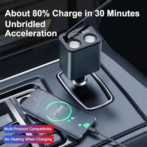ELOHEI 66 W Retractable Car Charger – 5-in-1 Fast Charging Hub with 31.5″ Tangle-Free Cords, Dual USB Ports for i Phone 16/15/14/13/12 Pro Max & Android – Unmatched Compatibility and Speed for On-the-Go Power Solutions
