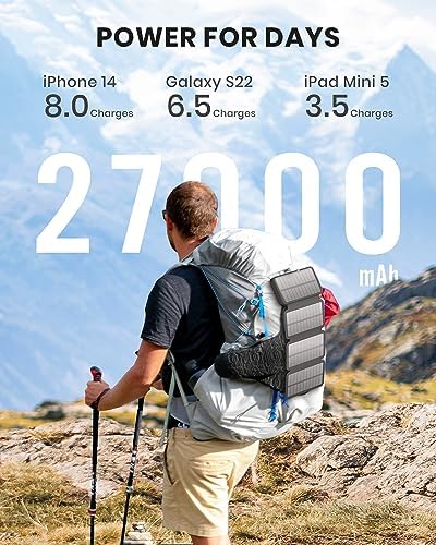 Hiluckey 27000 m Ah Solar Power Bank – 22.5 W Fast Charging Portable Charger with 4 High-Efficiency Solar Panels, USB-C PD & 3 USB Outputs for Outdoor Adventures and Travel, Ultimate Device Compatibility and Reliability