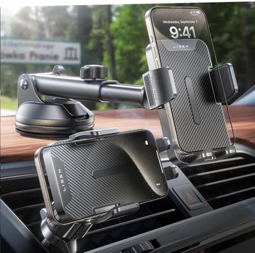 LISEN Delas 3-in-1 Adjustable Car Phone Holder Mount – Versatile Dashboard, Air Vent & Windshield Solution for i Phone 16 Pro Max, Samsung Galaxy & More – Effortless Tool-Free Installation for Enhanced Safety & Modern Aesthetics in Sleek Black Design