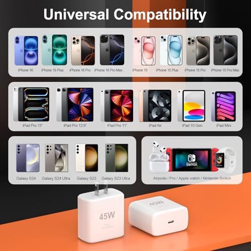 Ultra-Fast 45 W i Phone 16 Pro Max Charger with 6 FT USB-C Cable – Versatile Wall Adapter for i Phone 15, Android & More – Compact Design with Advanced Safety Features for Reliable Everyday Charging