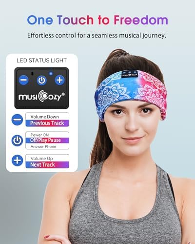 MUSICOZY Bluetooth 5.4 Sleep Headband – Ultra-Thin Stereo Earbuds for Uninterrupted Comfort and Performance, Sweat-Resistant for Active Lifestyles & Serenity (White Red) – Elevate Your Audio Experience with Innovative Design and Superior Sound Quality
