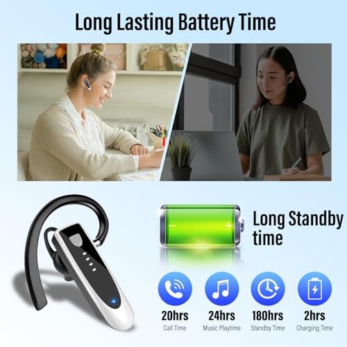 Atheewon Bluetooth Earpiece: Premium Wireless Headset with Advanced Noise-Cancellation | 20-Hour Talk Time & 180-Hour Standby for Ultimate Convenience | Perfectly Ergonomic Design in Modern Silver and White | Bluetooth 5.4 Technology for Reliable Connectivity | Ideal for Business Professionals, Truckers, and Drivers Seeking Crystal-Clear Communication