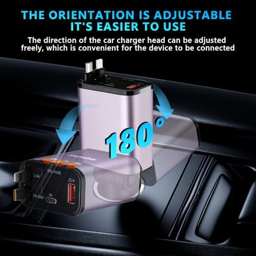 Revamp Your Drive with the 5-in-1 Retractable Car Charger: 60 W Fast Charging, Bluetooth 5.3 FM Transmitter, Hands-Free Calling & Integrated MP3 Player – Dual Retractable Cables & USB Ports for Ultimate Connectivity (Purple) – Elevate Your Mobile Experience on the Go!