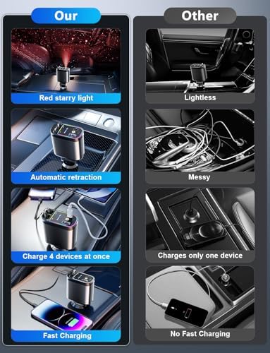 Revolutionize Your Drive: 66 W Retractable Car Charger with Starlight Ambiance – Fast Charging USB-C Adapter for i Phone 16/15/14/13/12 & Pixel – Space-Saving Design for Effortless Charging & Enhanced Automotive Experience