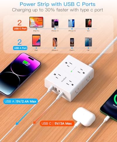 Versatile Surge Protector Power Strip with 8 AC Outlets & 4 USB Ports (2 USB-C), 6 Ft Flat Plug Extension Cord, 1080 Joules Safety Rating, Wall Mountable Charging Station for Home, Office, and Dorm – Streamlined Device Management & Fast Charging Enhanced