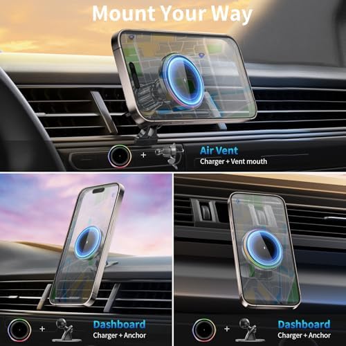 MANKIW Mag Safe Wireless Car Charger – 15 W Fast Charging Magnetic Mount for i Phone 15 Pro Max, 14, 13, 12 – Secure Magnetic Phone Holder with 360-Degree Rotation for Effortless Navigation – Essential Car Accessory for On-the-Go Charging