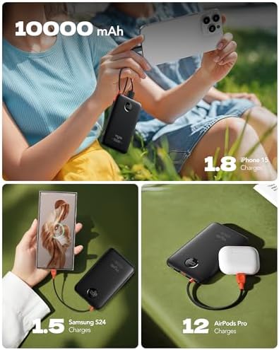 Slim Pink Portable Charger 10000 m Ah – USB-C Power Bank with Built-in Cable & LED Display for Fast Charging – Travel-Friendly Battery Pack Compatible with i Phone 16, 15, Samsung S24, S23 – Ultimate Convenience & Style