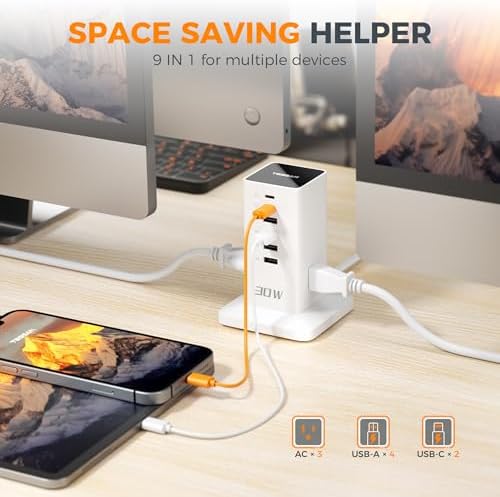 TESSAN 9-in-1 Powerful USB Charging Station – PD 65 W Multi-Device Charger Block for i Phone 15/16, Mac Book & Tablet – Fast, Efficient Power Delivery with 3 AC Outlets – Compact Travel & Home Office Accessory – Enhanced Compatibility & Safety Features