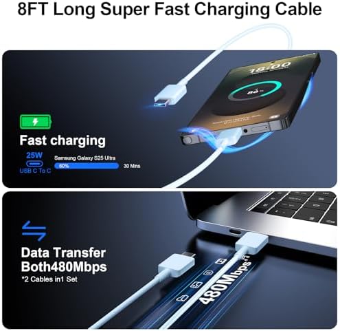 High-Speed 25 W Type C Wall Charger for Samsung Galaxy S25 Series – Includes Dual 10 FT USB-C Cables for Enhanced Flexibility and Safety – Lightning-Fast Charging with Compact Design for Travel Enthusiasts and Everyday Users