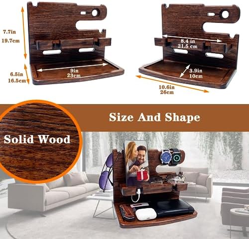 Gifts for Men Women Dad Husband Boyfriend Wood Phone Docking Station Nightstand Organizer for Men Birthday Gifts (Dark Brown) – Enhanced Compatibility and Speed