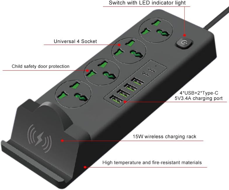 Universal Power Socket with Wireless Charging Pad – Multi-Device Desktop Charging Station Featuring 4 AC Outlets, 4 USB Ports & 2 Type-C Ports, Fire-Resistant Design for Enhanced Safety – Ideal for Home, Office, and Travel Use